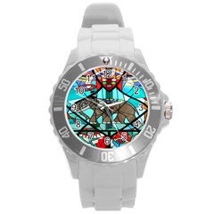 Elephant Stained Glass Round Plastic Sport Watch (l) by BangZart