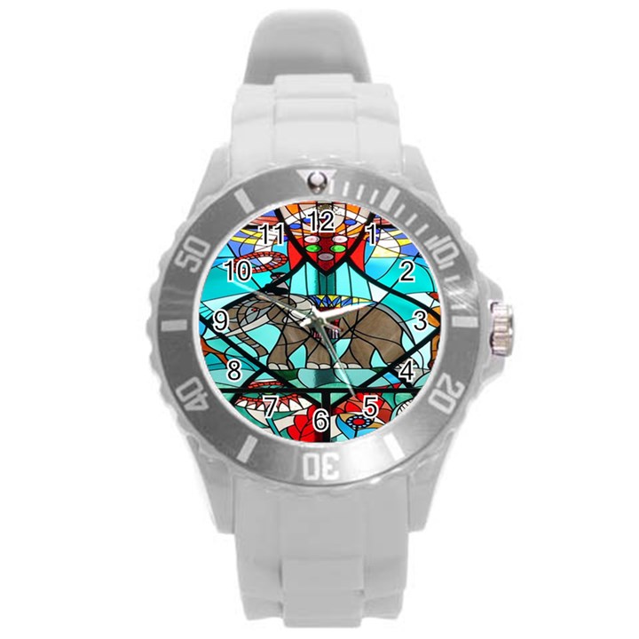 Elephant Stained Glass Round Plastic Sport Watch (L)