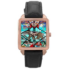 Elephant Stained Glass Rose Gold Leather Watch  by BangZart