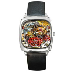 Flower Art Traditional Square Metal Watch