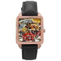 Flower Art Traditional Rose Gold Leather Watch 