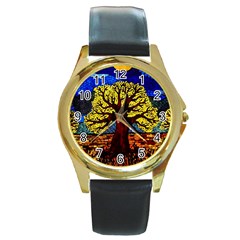 Tree Of Life Round Gold Metal Watch