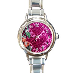 Pink Batik Cloth Fabric Round Italian Charm Watch by BangZart