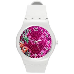 Pink Batik Cloth Fabric Round Plastic Sport Watch (m) by BangZart