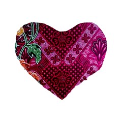 Pink Batik Cloth Fabric Standard 16  Premium Flano Heart Shape Cushions by BangZart