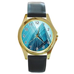 Glass Bulding Round Gold Metal Watch by BangZart