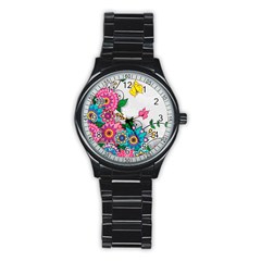 Flowers Pattern Vector Art Stainless Steel Round Watch by BangZart