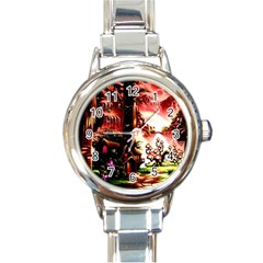 Fantasy Art Story Lodge Girl Rabbits Flowers Round Italian Charm Watch by BangZart