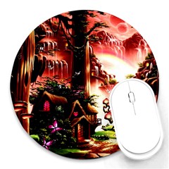 Fantasy Art Story Lodge Girl Rabbits Flowers Round Mousepads by BangZart