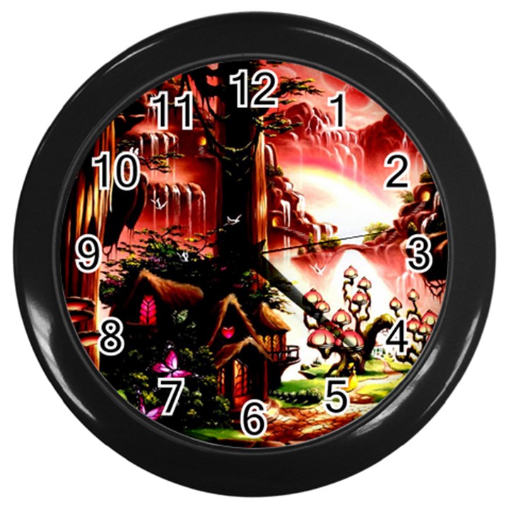 Fantasy Art Story Lodge Girl Rabbits Flowers Wall Clocks (Black)