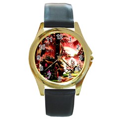 Fantasy Art Story Lodge Girl Rabbits Flowers Round Gold Metal Watch by BangZart