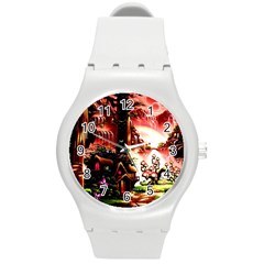 Fantasy Art Story Lodge Girl Rabbits Flowers Round Plastic Sport Watch (m) by BangZart