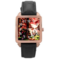 Fantasy Art Story Lodge Girl Rabbits Flowers Rose Gold Leather Watch  by BangZart