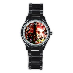 Fantasy Art Story Lodge Girl Rabbits Flowers Stainless Steel Round Watch by BangZart