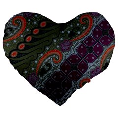 Batik Art Pattern  Large 19  Premium Flano Heart Shape Cushions by BangZart