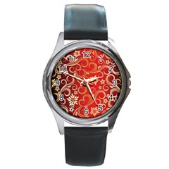 Golden Swirls Floral Pattern Round Metal Watch by BangZart