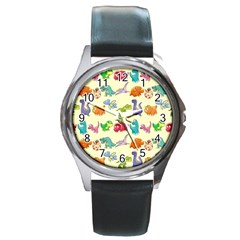 Group Of Funny Dinosaurs Graphic Round Metal Watch by BangZart