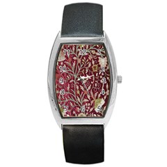 Crewel Fabric Tree Of Life Maroon Barrel Style Metal Watch by BangZart