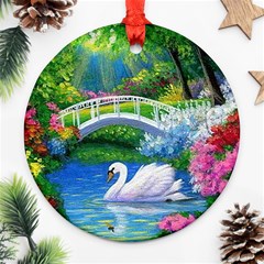 Swan Bird Spring Flowers Trees Lake Pond Landscape Original Aceo Painting Art Ornament (round) by BangZart