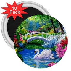 Swan Bird Spring Flowers Trees Lake Pond Landscape Original Aceo Painting Art 3  Magnets (10 Pack)  by BangZart