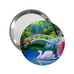 Swan Bird Spring Flowers Trees Lake Pond Landscape Original Aceo Painting Art 2 25  Handbag Mirrors by BangZart