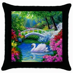 Swan Bird Spring Flowers Trees Lake Pond Landscape Original Aceo Painting Art Throw Pillow Case (black) by BangZart