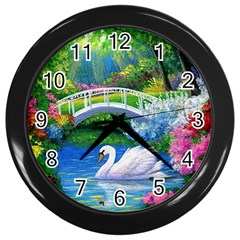 Swan Bird Spring Flowers Trees Lake Pond Landscape Original Aceo Painting Art Wall Clocks (black) by BangZart