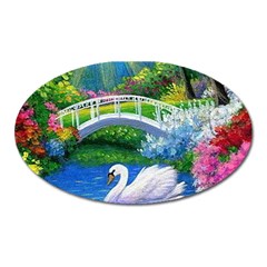 Swan Bird Spring Flowers Trees Lake Pond Landscape Original Aceo Painting Art Oval Magnet by BangZart