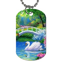 Swan Bird Spring Flowers Trees Lake Pond Landscape Original Aceo Painting Art Dog Tag (two Sides) by BangZart