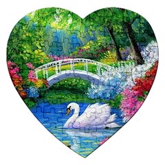 Swan Bird Spring Flowers Trees Lake Pond Landscape Original Aceo Painting Art Jigsaw Puzzle (heart) by BangZart