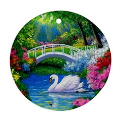 Swan Bird Spring Flowers Trees Lake Pond Landscape Original Aceo Painting Art Round Ornament (two Sides) by BangZart