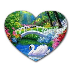 Swan Bird Spring Flowers Trees Lake Pond Landscape Original Aceo Painting Art Heart Mousepads by BangZart