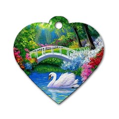 Swan Bird Spring Flowers Trees Lake Pond Landscape Original Aceo Painting Art Dog Tag Heart (one Side) by BangZart