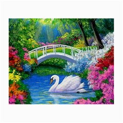 Swan Bird Spring Flowers Trees Lake Pond Landscape Original Aceo Painting Art Small Glasses Cloth (2-side) by BangZart