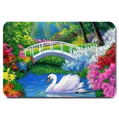 Swan Bird Spring Flowers Trees Lake Pond Landscape Original Aceo Painting Art Large Doormat  by BangZart