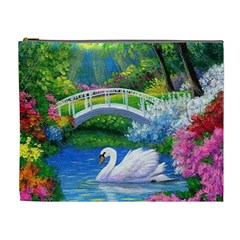 Swan Bird Spring Flowers Trees Lake Pond Landscape Original Aceo Painting Art Cosmetic Bag (xl) by BangZart