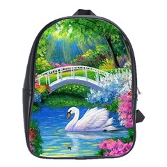 Swan Bird Spring Flowers Trees Lake Pond Landscape Original Aceo Painting Art School Bags(large)  by BangZart