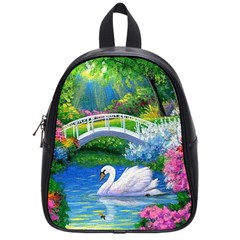 Swan Bird Spring Flowers Trees Lake Pond Landscape Original Aceo Painting Art School Bags (small)  by BangZart