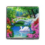 Swan Bird Spring Flowers Trees Lake Pond Landscape Original Aceo Painting Art Memory Card Reader (Square) Front