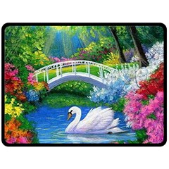 Swan Bird Spring Flowers Trees Lake Pond Landscape Original Aceo Painting Art Fleece Blanket (large)  by BangZart