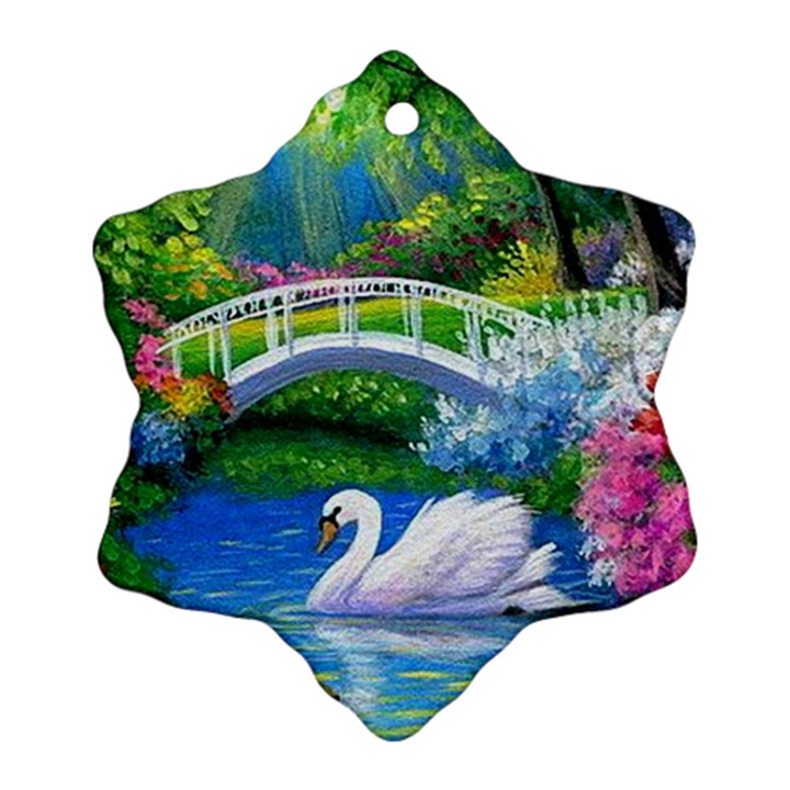 Swan Bird Spring Flowers Trees Lake Pond Landscape Original Aceo Painting Art Ornament (Snowflake)