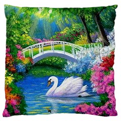 Swan Bird Spring Flowers Trees Lake Pond Landscape Original Aceo Painting Art Large Cushion Case (one Side) by BangZart