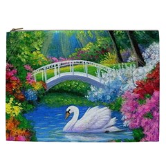 Swan Bird Spring Flowers Trees Lake Pond Landscape Original Aceo Painting Art Cosmetic Bag (xxl)  by BangZart