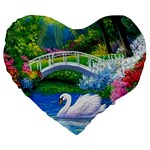 Swan Bird Spring Flowers Trees Lake Pond Landscape Original Aceo Painting Art Large 19  Premium Heart Shape Cushions Front