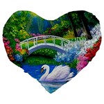 Swan Bird Spring Flowers Trees Lake Pond Landscape Original Aceo Painting Art Large 19  Premium Heart Shape Cushions Back