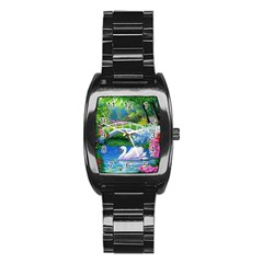 Swan Bird Spring Flowers Trees Lake Pond Landscape Original Aceo Painting Art Stainless Steel Barrel Watch by BangZart