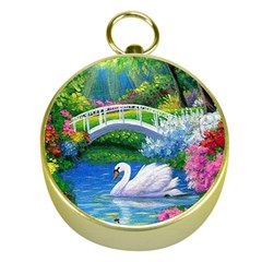 Swan Bird Spring Flowers Trees Lake Pond Landscape Original Aceo Painting Art Gold Compasses by BangZart