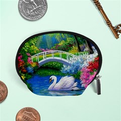 Swan Bird Spring Flowers Trees Lake Pond Landscape Original Aceo Painting Art Accessory Pouches (small)  by BangZart