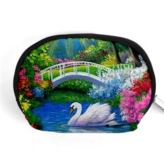 Swan Bird Spring Flowers Trees Lake Pond Landscape Original Aceo Painting Art Accessory Pouches (medium)  by BangZart