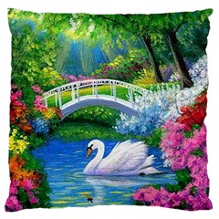 Swan Bird Spring Flowers Trees Lake Pond Landscape Original Aceo Painting Art Large Flano Cushion Case (one Side)